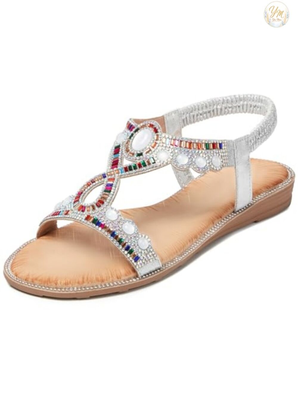 iCKER Women's Rhinestone Flat Sandals Elastic Ankle Strap Open-Toe